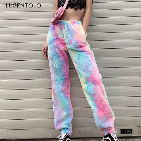 

lugentolo women's autumn pants fashion rainbow-colored high waist pocket casual pants female all-match warm-keeping, Black;white