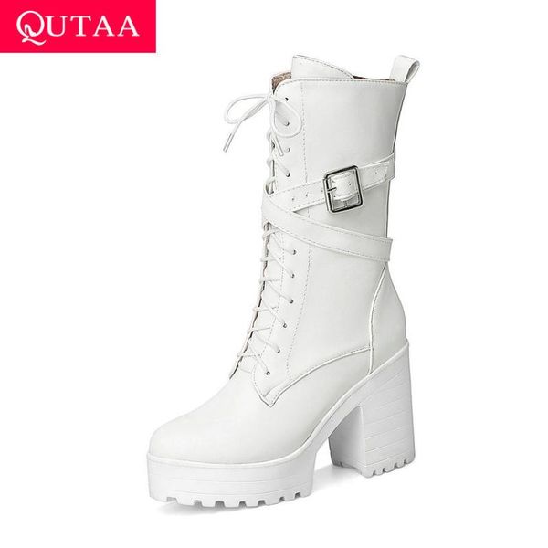 

qutaa 2021 round toe keep warm platform mid calf boots pu leather square high heel buckle lace up zipper women shoes size 34-43, Black
