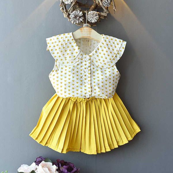 

summer girls' clothing sets korean doll collar sleeveless lapel shirt+ pleated skirt 2pcs kids clothes set children clothing, White