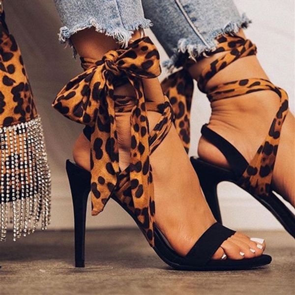 

2020 new trend leopard sandals women style cross-tied fine high heel 10cm female sandals fashion large size ladies slippers, Black