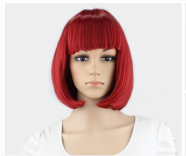 Parrucche sintetiche Yiyaobess da 10 pollici diritte e corte con frangia parrucca cosplay blu dorato rosso femminile