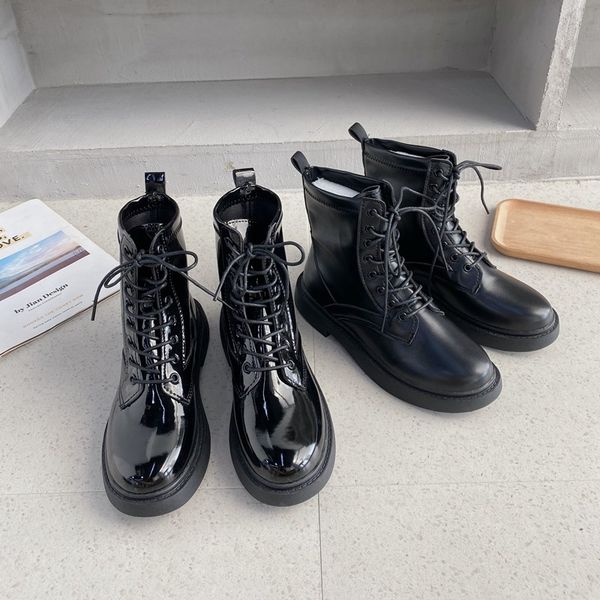 

lace up brand women's shoes lady boots leather booties low heels booties boots-women round toe fashion ladies rock lolita ankle, Black