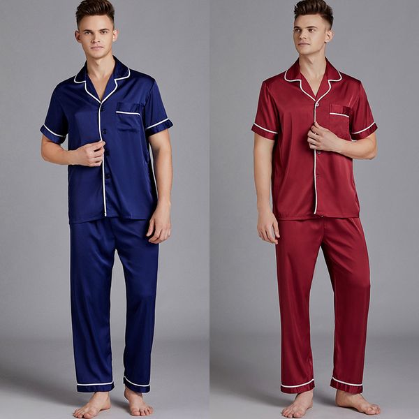 

men's sleepwear men silk satin pajama set short sleeve pijamas solid pyjama homme fashion homewear outerwear, Black;brown