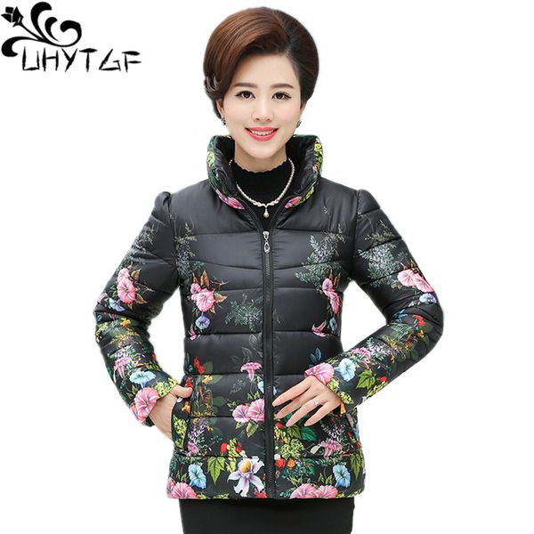 

uhytgf ultra-light plus size thin down jacket women autumn winter slim short printed warm down cotton coat women's outerwear 551, Black