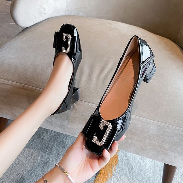 

plus size 35-43 med heels dress shoes women pumps patent leather boat shoes square toe office metal zapatos mujer 8354c, Black