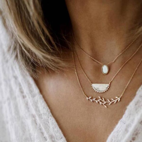 

huatang boho crystal pendant gold leaves necklaces for women multilayer geometric clavicle chain female party jewelry collares, Silver