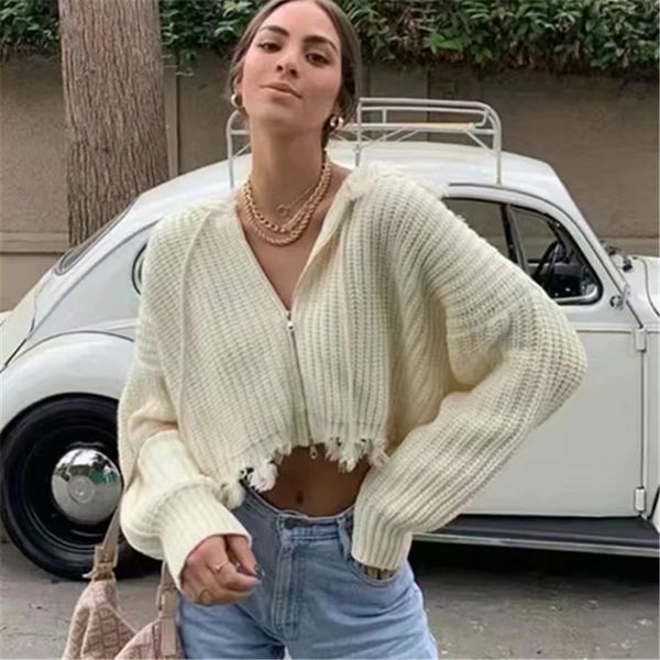 

european and american style 2020 autumn and winter new loose lazy style zipper cardigan sweater tassel knitted jacket, Black;brown
