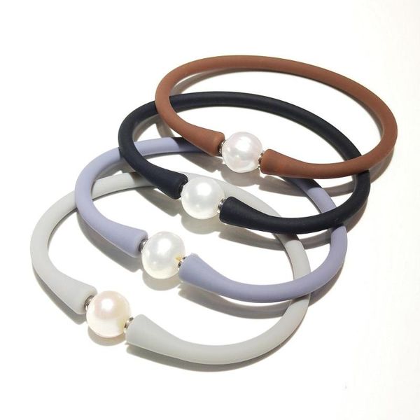 

lii ji rubber bracelet 10-11mm real big pearl silicone bracelet bijouterie gift for women men casual waterproof, Black