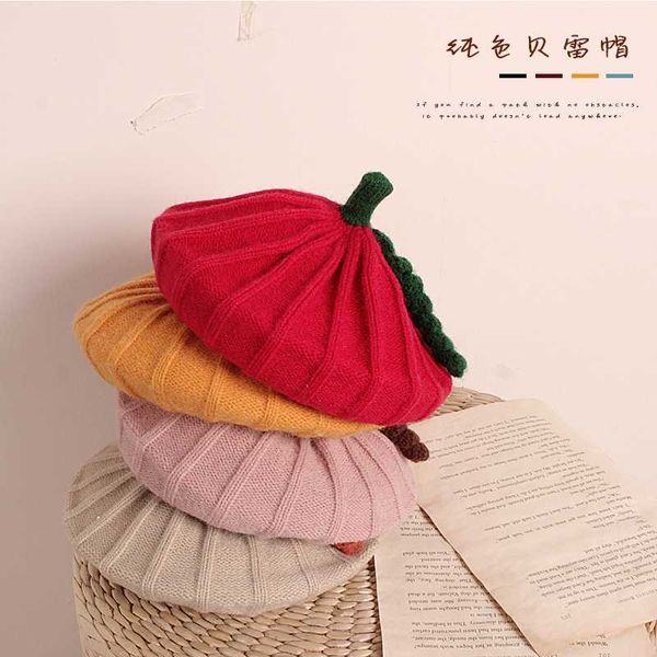 

berets ins with a small pumpkin shape children's knitted beret cute baby concave melon hat autumn and winter, Blue;gray