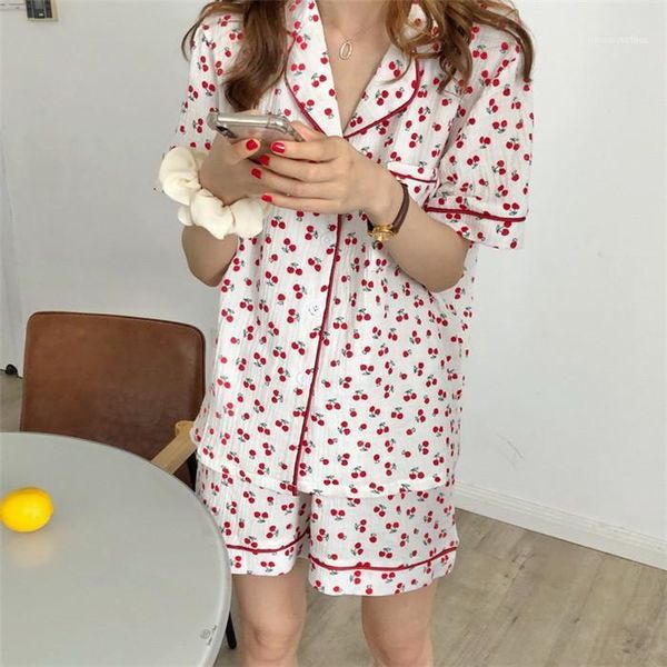 

lapel neck pocket tshirts with short suits women cute fashion underwears womens cherry 2pcs summer sleepwears woman, Black;red
