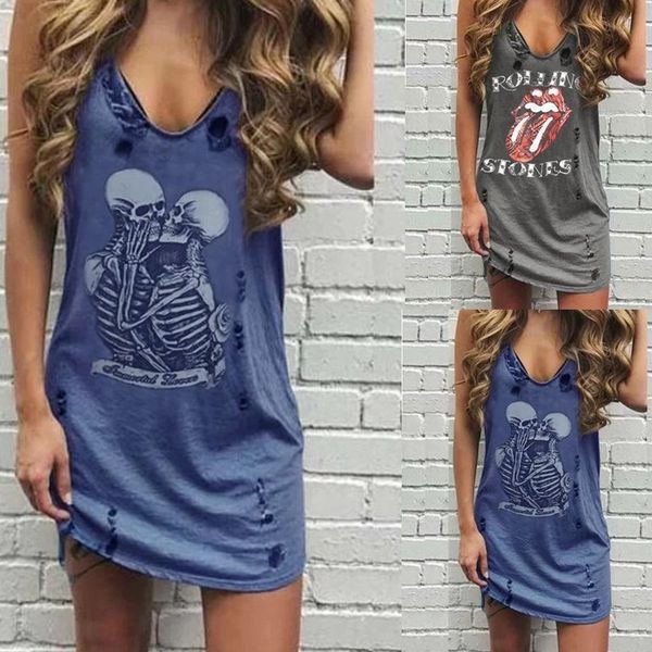 

honey comb 2020 fall printed ripped vest t-shirt dress casual all-match women's clothing, White