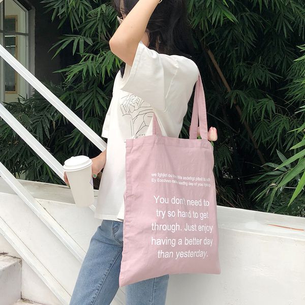 

women cotton canvas high-capacity eco shopping tote shoulder bag 2020 ins girl student print english letter handbag canvas bags