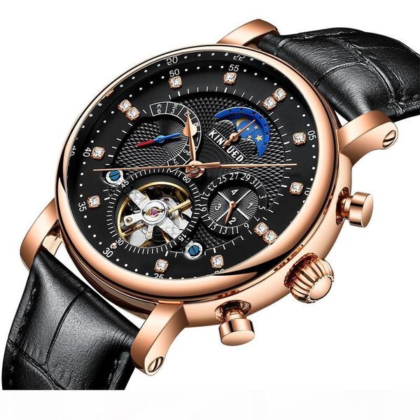 

kinyued brand new watch swiss automatic fashion leather insert diamond star men's hollowed mechanical watch, Slivery;brown