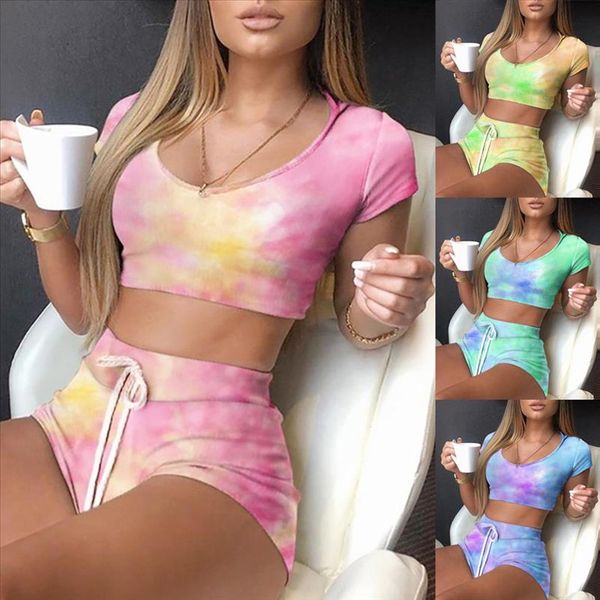 

tracksuit women tie dye two piece set 2020 summer print short sleeve o neck shorts streetwear outfits fitness ulzzang, Gray