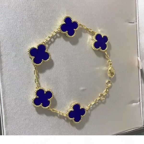 

luxurious quality brand name flower with five flower nature stone pendant bracelet with rhombus clasp for women wedding gift jewelry, Black