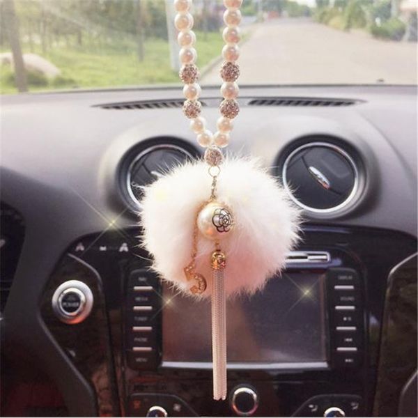

mr car pendant fashion bead chain flower plush ball 8cm rearview mirror hanging decoration auto accessories
