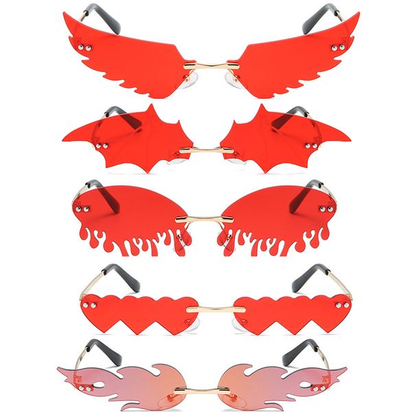 

luxury fashion fire flame sunglasses women rimless wave sun glasses metal shades for vintage women mirror eyewear bat flame, White;black