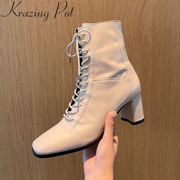 

krazing pot brand cow leather high heels square toe solid party all-match winter shoes lace up fashion vacation ankle boots l35, Black