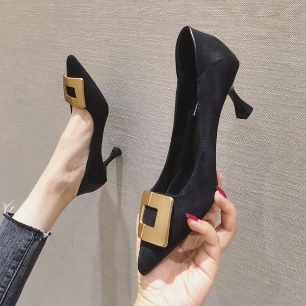 

fashion high heels ladies fine with pointed single shoes korean black career office womens shoes elegant metal buckle pumps