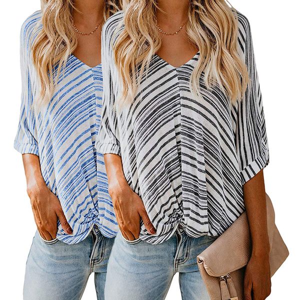 

2019 cross-border new womens t-shirt large contrasting color v-neck striped twist seven-point bat sleeve, White