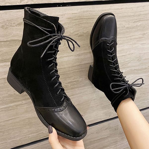 

women patchwork flock lace up boots plus size 35-40 low heels sock botas british square toe carved patterns riding boots women, Black