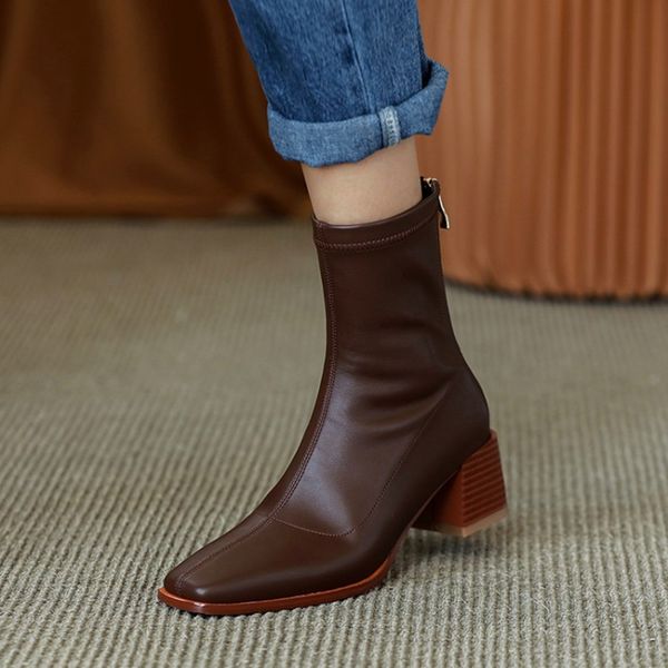 

2020 autumn and winter square toe mid-heel elastic boots women's boots, Black