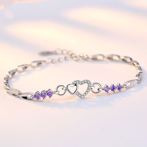 

2020 new trendy korean silver plated bracelet for women white/purple zircon hollow heart female jewelry birthday party gifts, Black