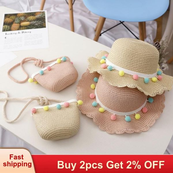 

mayfair cabin girl hat 2020 summer seaside with bag kids hats 2-6y cap breathable straw hats colorful ball sweet princess hat, Slivery;white