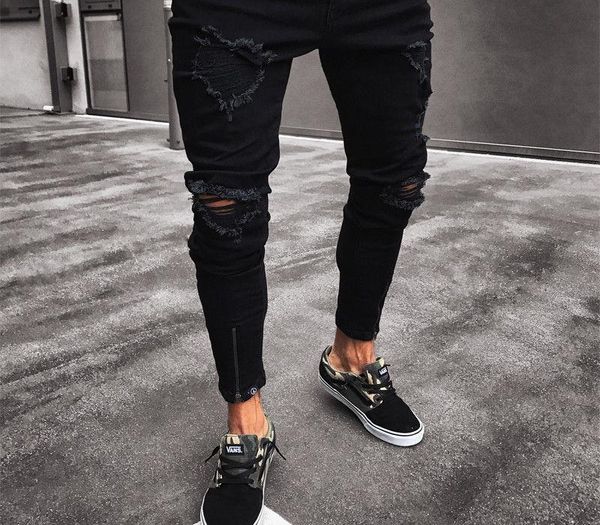 

mens cool brand black jeans skinny ripped destroyed stretch slim fit hop hop pants with holes for men, Blue