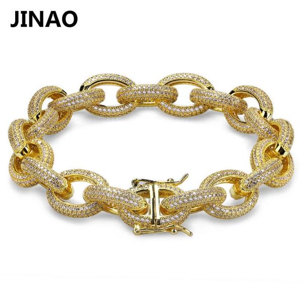 

jinao 12mm hip hop iced out men bracelets gold cubic zircon heavy copper material twisted and oval link bracelet 7"8, Black