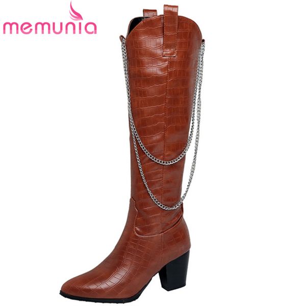 

memunia 2020 knee high boots women thick heel fashion casual party shoes zip chain cool autumn winter cowboy boots woman, Black