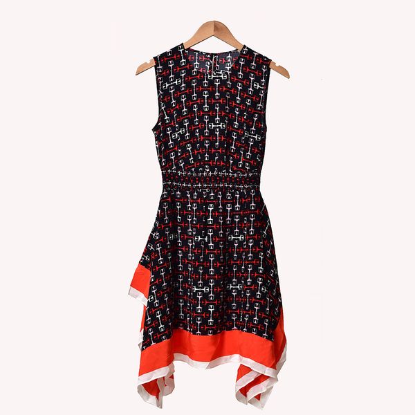 

2020 spring summer sleeveless round neck black retro print panelled asymmetry knee-length dress women fashion dresses w1815056, Black;gray