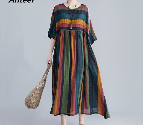 

cotton plus size vintage stripe women casual loose long summer dress elegant clothes 2020 ladies dresses sundress, Black;gray