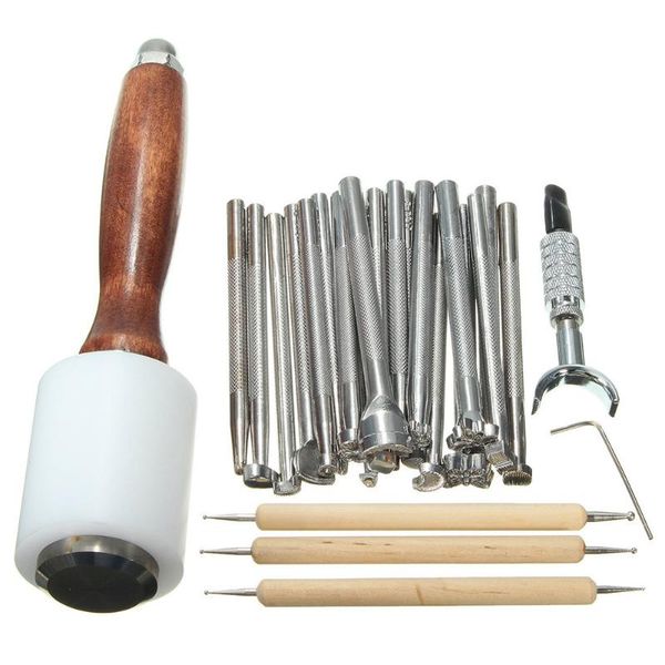 

newly 25pcs/set manual leather craft stamping carved wooden hammer embossing tools kit te889