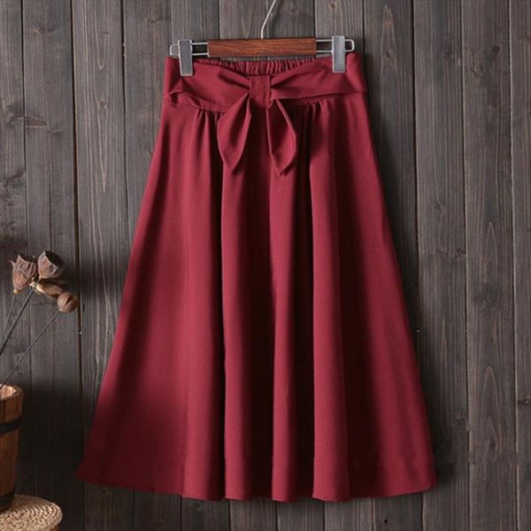

elegant women pleated skirt big bow high waist knee length a line skirt vintage red black side zipper skater skirts