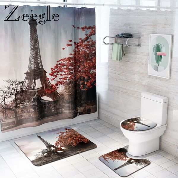 

zeegle printed tower bath mat set waterproof toilet curtain anti-slip bathroom doormat modern mat for toilet decoration