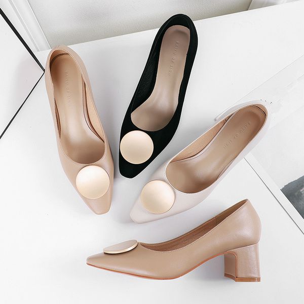 

women pointed toe elegant pumps square heels high heel shoes for wedding party split leather office & career shoes g0063, Black