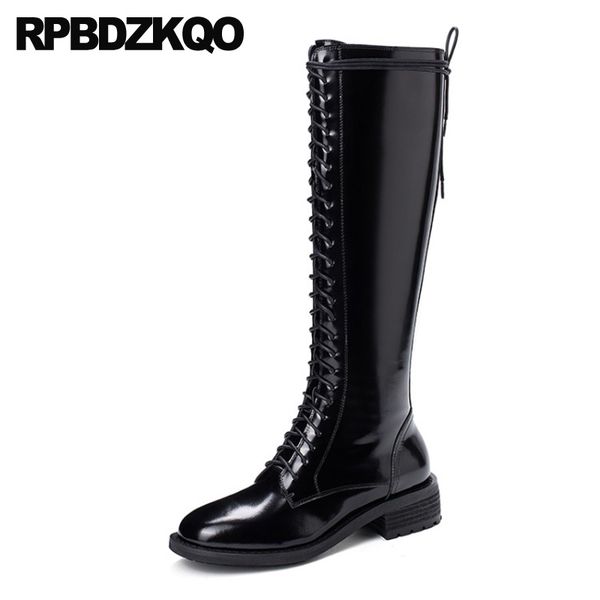

plus size women winter black knee high shoes big thick side zip boots lace up designer chunky 10 heel patent leather tall long
