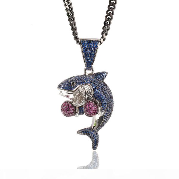 

18k gold & white gold iced out blue cz cubic zirconia boxing shark mens necklace personalized full diamond hip hop jewelry gifts for men, Silver