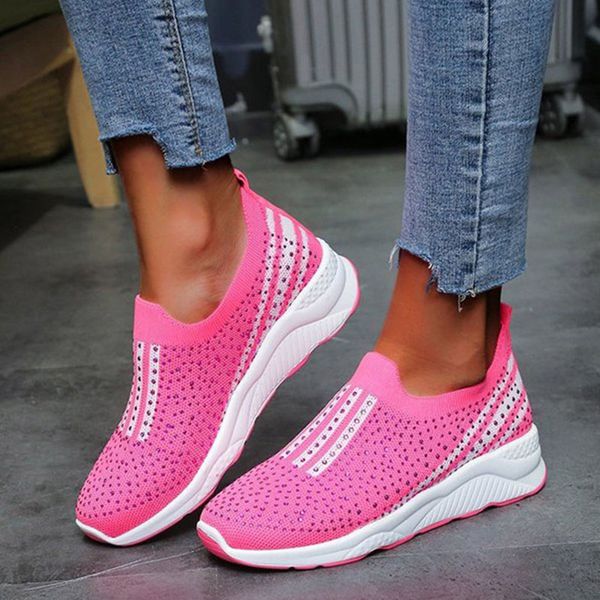 

women vulcanize shoes slip on female sneakers crystal shiny elastic band sock shoes woman comfortable casual loafers, Black
