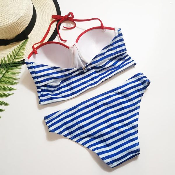 

blue and white stripes bikini bandeau push up swimsuit 2020 summer ladies padded halter swimwear female beach bathing suit, White;black