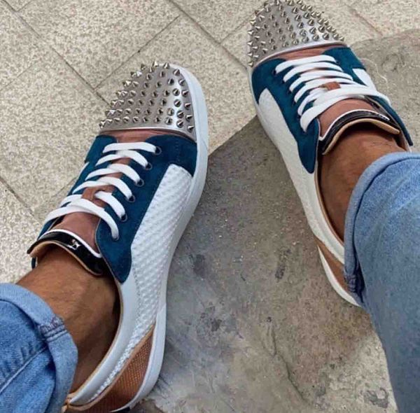 

подлинный box] элегантная мужская конструктор сетки кожи с шипы туфли с красной подошвой low top sneaker для женщин, мужчин повседневная об, Black