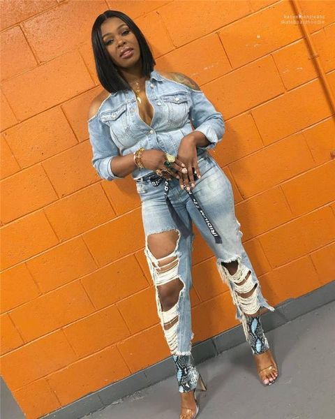 

apparel denim womens 2pcs pants holes off shoulder womens tracksuit fashion casual womens, Gray