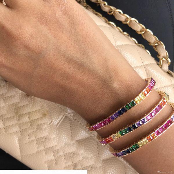 

925 sterling silver trendy jewelry rainbow square tennis cz bracelet bangle for women girl rainbow colorful jewelry, Golden;silver