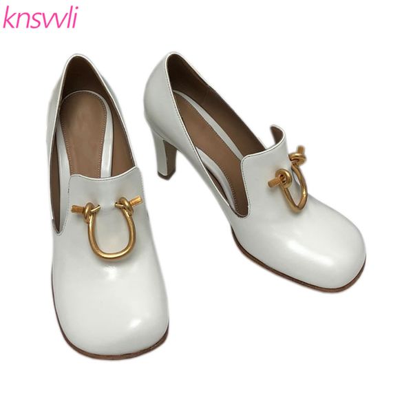 

большой круглый toe высокие каблуки женщин обувь из натуральной кожи подиум партии обувь пряжки металла украшения насосы шпильках женщина, Black