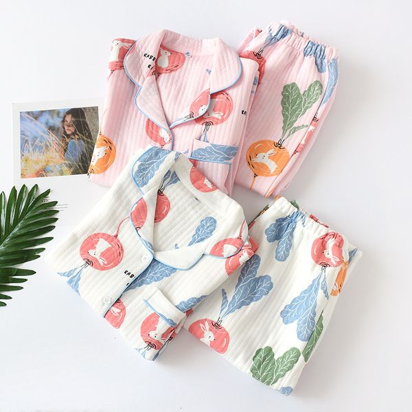 

full cotton pajamas set kimono causal pure cotton woman long sleeve layers cartoon print spring thickening homewear suit yukata, Red