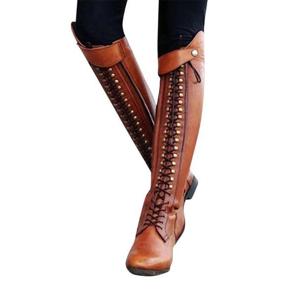 

autumn winter boots women 2020 western platform lace-up round toe cowboy boots for women over the knee, Black