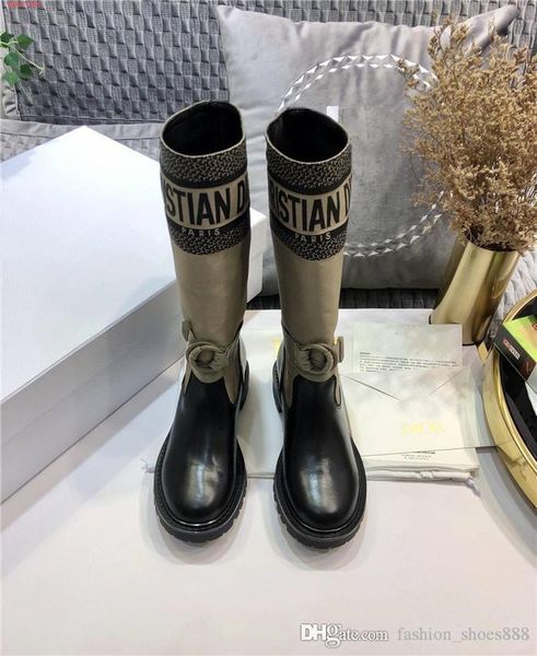 

2020 autumn winter new collection khaki canvas leather socks boots knight lady low heel thick soles leather boots,with box size 35-41, Black