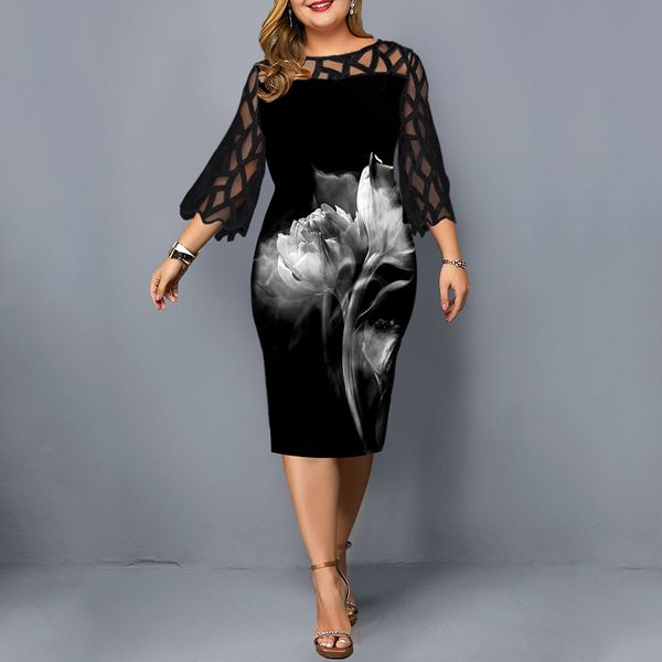 

l-6xl elegant plus size women dress pure black lace sleeves 2020 elegant casual evening party dresses d25, Black;gray