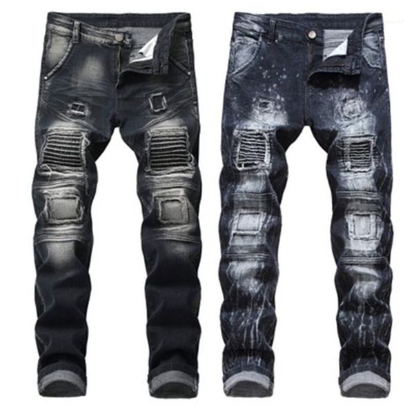 

loose elastic slim trousers designer jeans hole elastic men splicing folds embroidery jeans splashing ink soft pencil pants casual, Blue